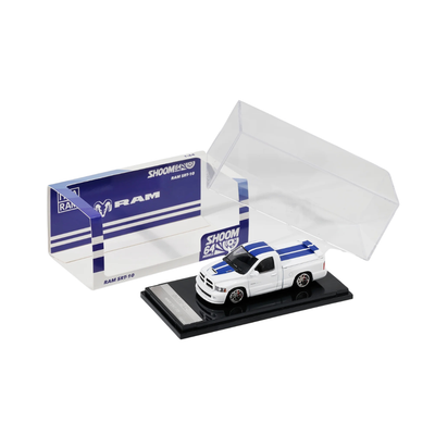 Premium scale diecast model car  – *PRE-ORDER* Dodge Ram SRT-10 (2003), 1:64 Scale (White with Blue Stripes) Collectible