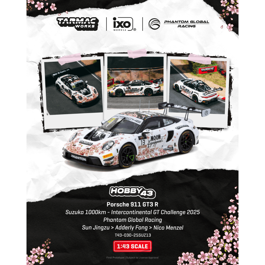 Premium scale diecast model car  – *PRE-ORDER* Porsche 911 GT3 R Suzuka 1000km - Intercontinental GT Challenge Phantom Global Racing Sun Jingzu / Adderly Fong / Nico Menzel 2025, 1:43 Scale Collectible