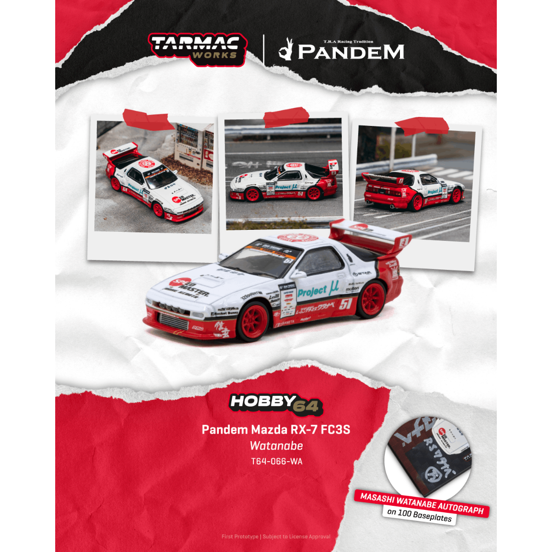 *PRE-ORDER* Pandem Mazda RX-7 FC3S (Masashi Watanabe Autograph on 100 Baseplate), 1:64 Scale