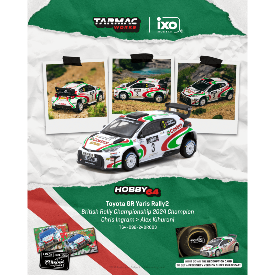 *PRE-ORDER* Toyota GR Yaris Rally2 British Rally Championship Chris Ingram / Alex Kihurani (Model Car + Trading Cards Combo Set) 2024 , 1:64 Scale