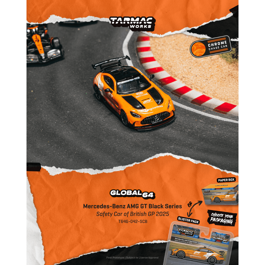 *Pre-Orders* Mercedes-Benz AMG GT Black Series Safety Car of British GP 2025 (Chance of Chase Car - Chrome Orange Body), 1:64 Scale