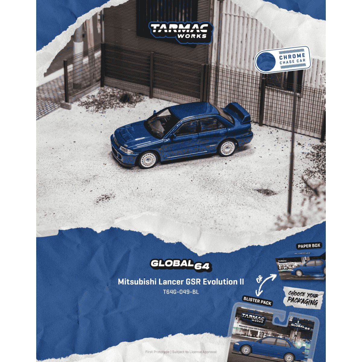 *PRE-ORDER* Mitsubishi Lancer GSR Evolution II Chance of Chase Car, 1:64 Scale (Blue)