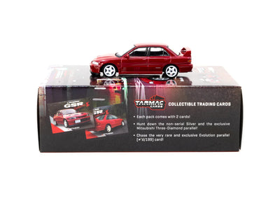 Premium scale diecast model car  – Mitsubishi Lancer GSR Evolution II with Tarmac Cards - Global64, 1:64 Scale (Red) Collectible