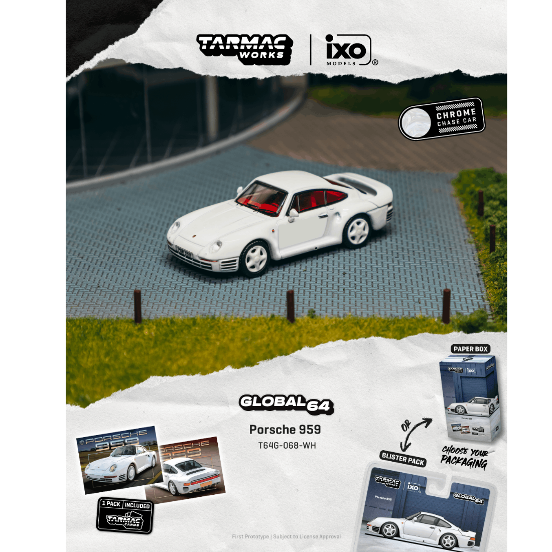 Premium scale diecast model car  – *PRE-ORDER* Porsche 959 Chance of Chase Car (Model Car + Trading Cards Combo Set), 1:64 Scale (White) Collectible