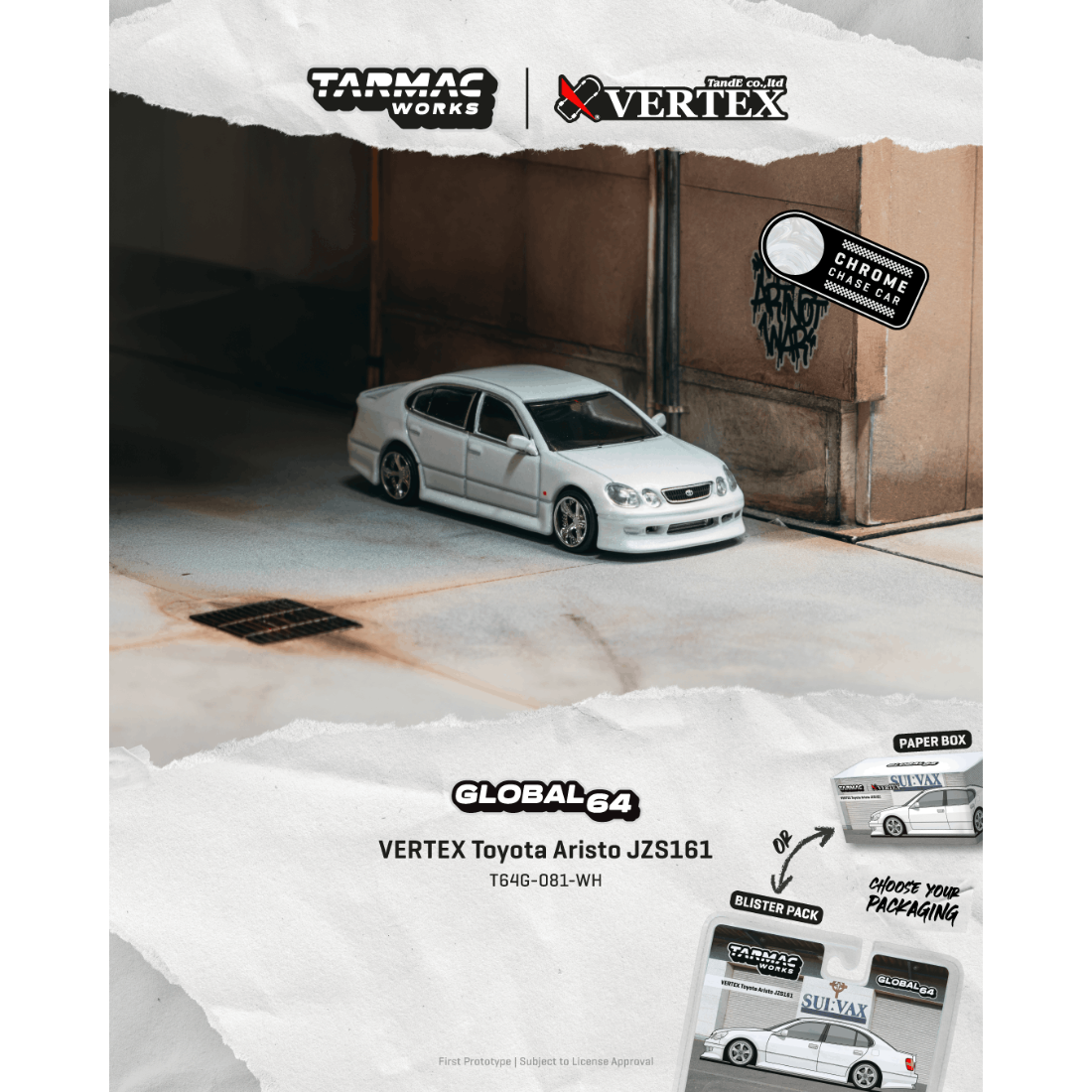 Premium scale diecast model car  – *PRE-ORDER* VERTEX Toyota Aristo JZS161 (White) Chance of Chase Car, 1:64 Scale Collectible