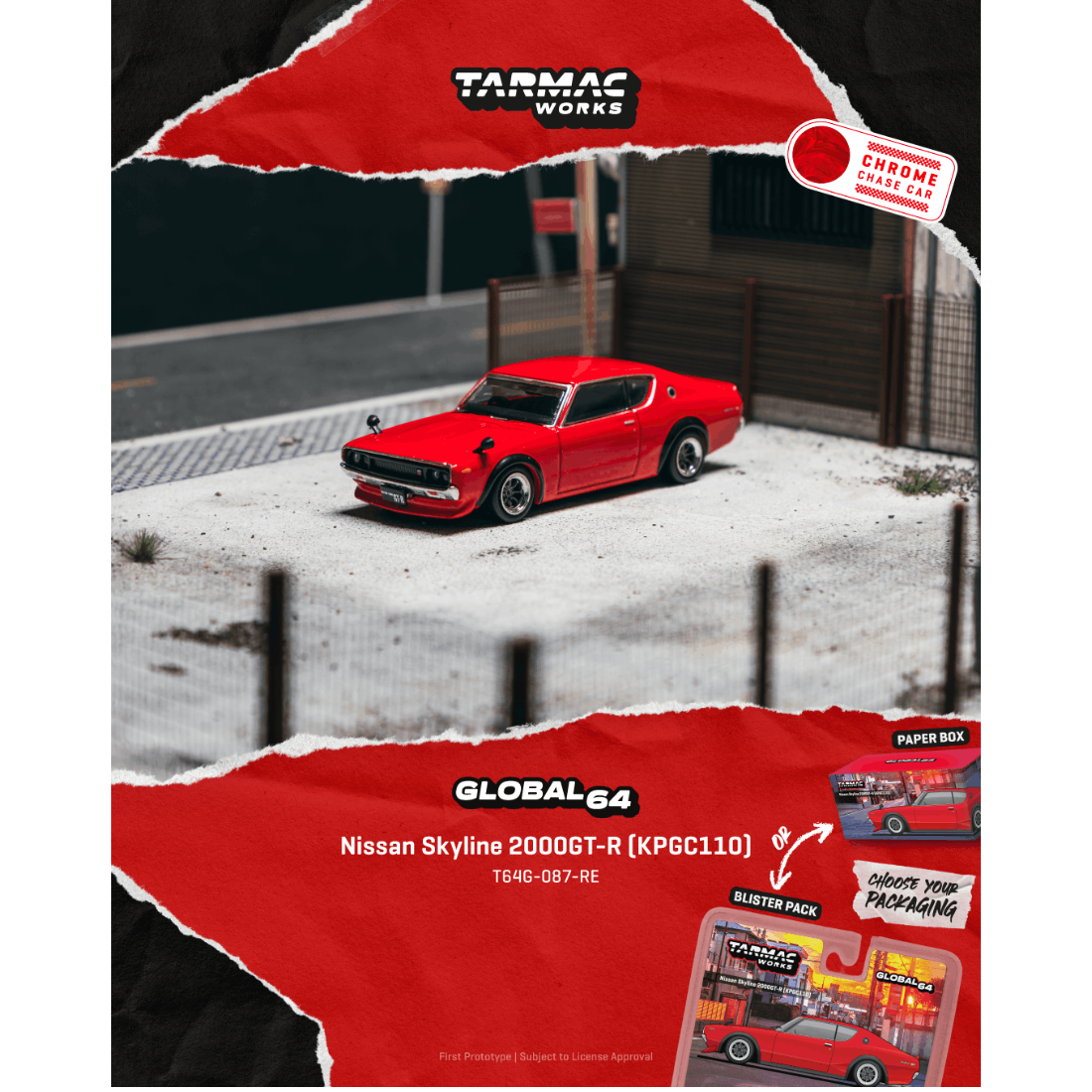 *PRE-ORDER* Nissan Skyline 2000GT-R (KPGC110) (Chance of Chase Car), 1:64 Scale (Red)
