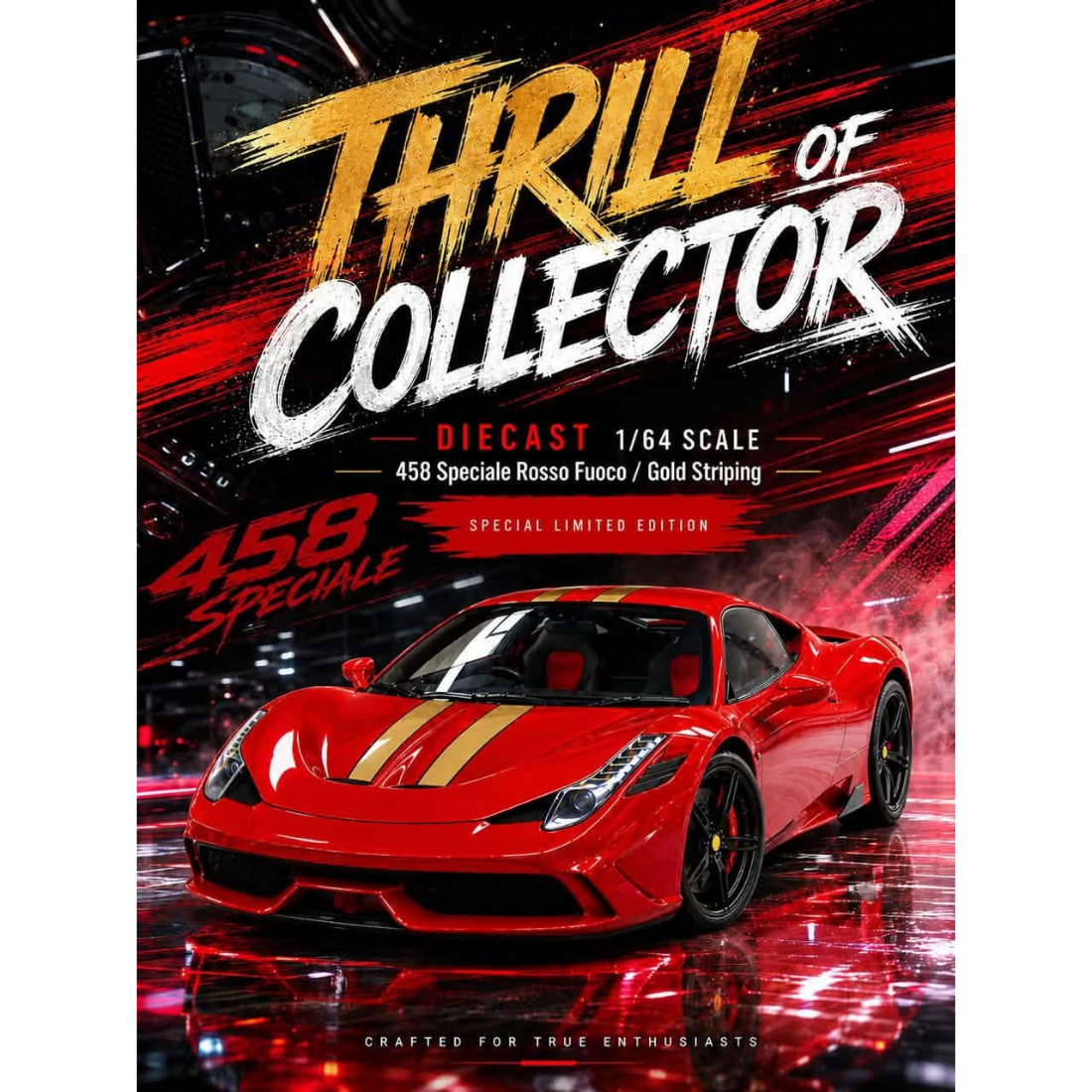 *PRE-ORDER* Ferrari 458 Speciale (TC-D-FE458SP) Rosso Fuoco with Gold Stripe (Limited to 500pcs), 1:64 Scale