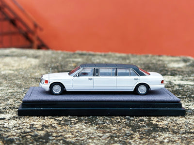 Premium scale diecast model car  – *HEC 2026* Mercedes S-Class W126 44" Limosine Trasco 1000SEL, 1:64 Scale (White) Collectible