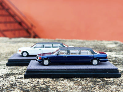 Premium scale diecast model car  – *HEC 2026* Mercedes S-Class W126 44" Limosine Trasco 1000SEL, 1:64 Scale (White) Collectible