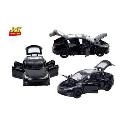 Tesla Model Y Pullback Toy Car - Light, Sound with Openable Doors, 1:32 Scale (Black)