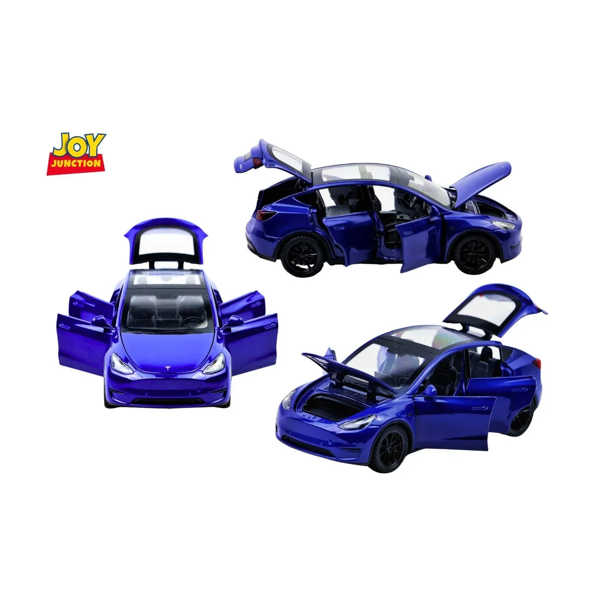 Tesla Model Y Pullback Toy Car - Light, Sound with Openable Doors, 1:32 Scale (Blue)