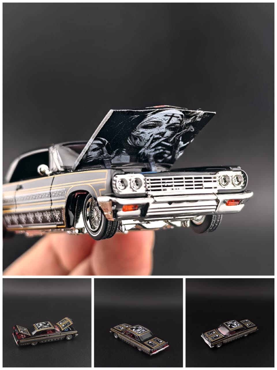 *PRE-ORDER* Chevrolet Impala Lowrider Black-Gold Livery (Open-Engin Hood & Rear Hood, Visible Engine.Assemble Top), 1:64 Scale