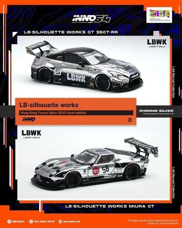 *HKTCS 2026* LB-Silhouette Works Miura GT and LB-Silhouette Works GT 35GT-RR 2 Car Set (Silver Chrome & Raw Silver) Chance of Chase Car, 1:64 Scale