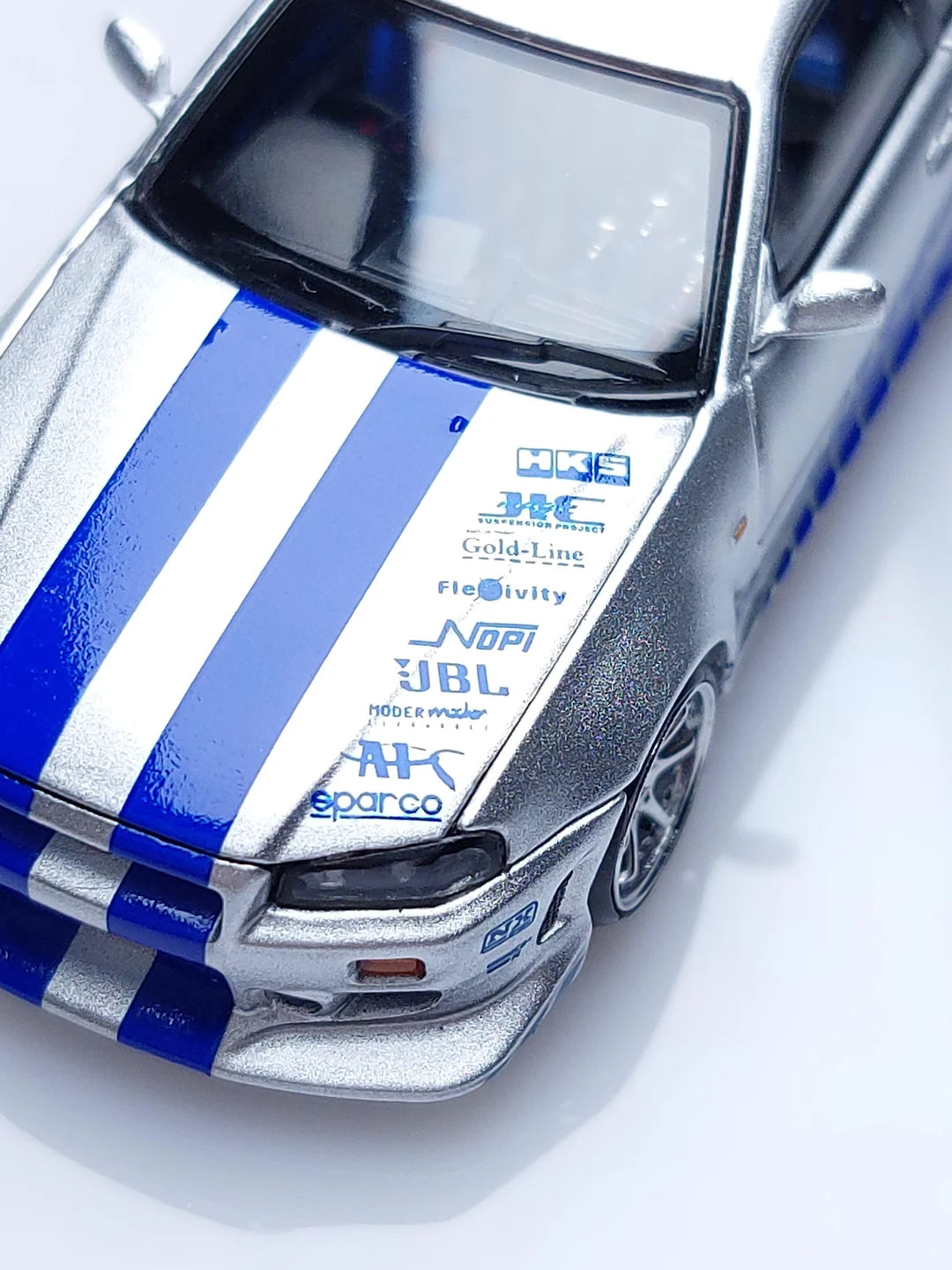 Nissan GTR R34 (Limited to 999pcs) Silver with Blue Lines, 1:64 Scale