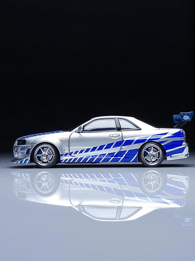 Nissan GTR R34 (Limited to 999pcs) Silver with Blue Lines, 1:64 Scale