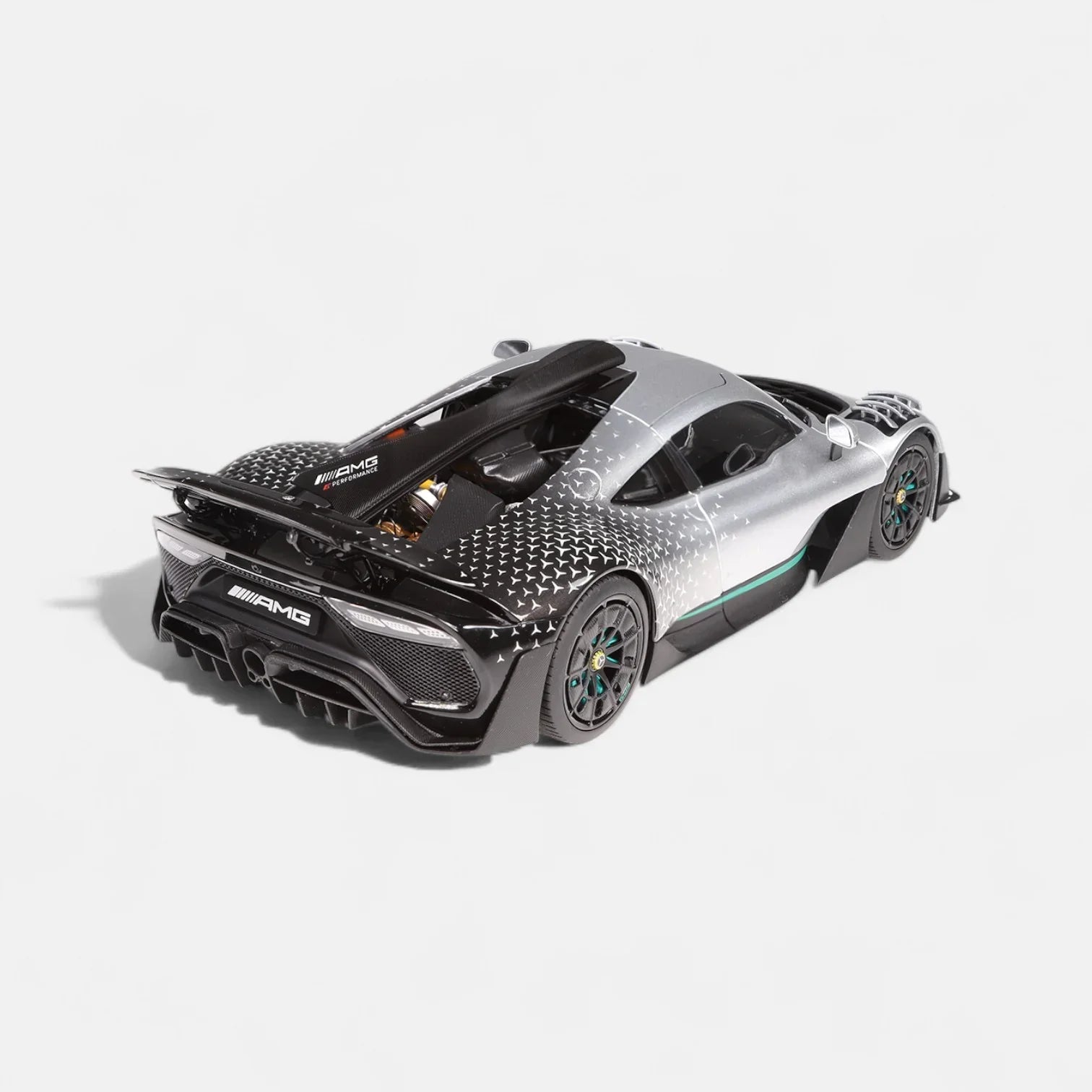 Premium scale diecast model car  – Mercedes-AMG ONE "race" with stars, 1:18 Scale (Silver) Collectible