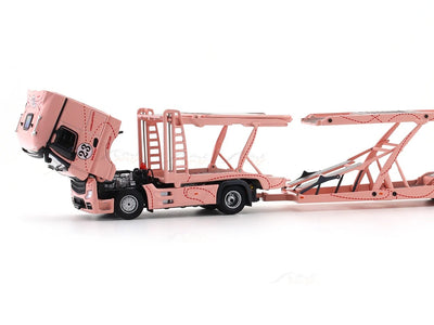 *PRE-ORDER* Mercedes-Benz Actros Double Axle Towing Truck - Pink Pig - Right-Hand Drive (Includes 1:64 Honda Fit Model Car with Matching Livery), 1:64 Scale