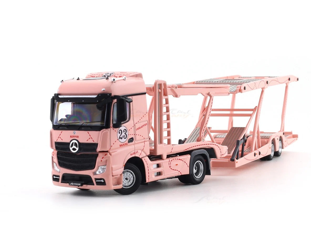 *PRE-ORDER* Mercedes-Benz Actros Double Axle Towing Truck - Pink Pig - Right-Hand Drive (Includes 1:64 Honda Fit Model Car with Matching Livery), 1:64 Scale