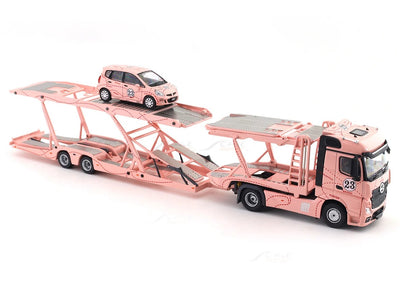 *PRE-ORDER* Mercedes-Benz Actros Double Axle Towing Truck - Pink Pig - Right-Hand Drive (Includes 1:64 Honda Fit Model Car with Matching Livery), 1:64 Scale