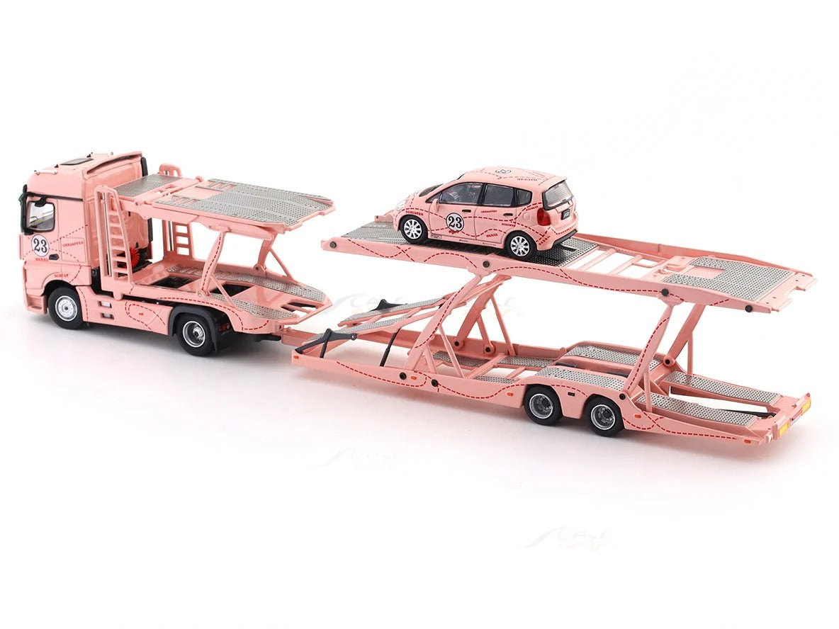 *PRE-ORDER* Mercedes-Benz Actros Double Axle Towing Truck - Pink Pig - Right-Hand Drive (Includes 1:64 Honda Fit Model Car with Matching Livery), 1:64 Scale