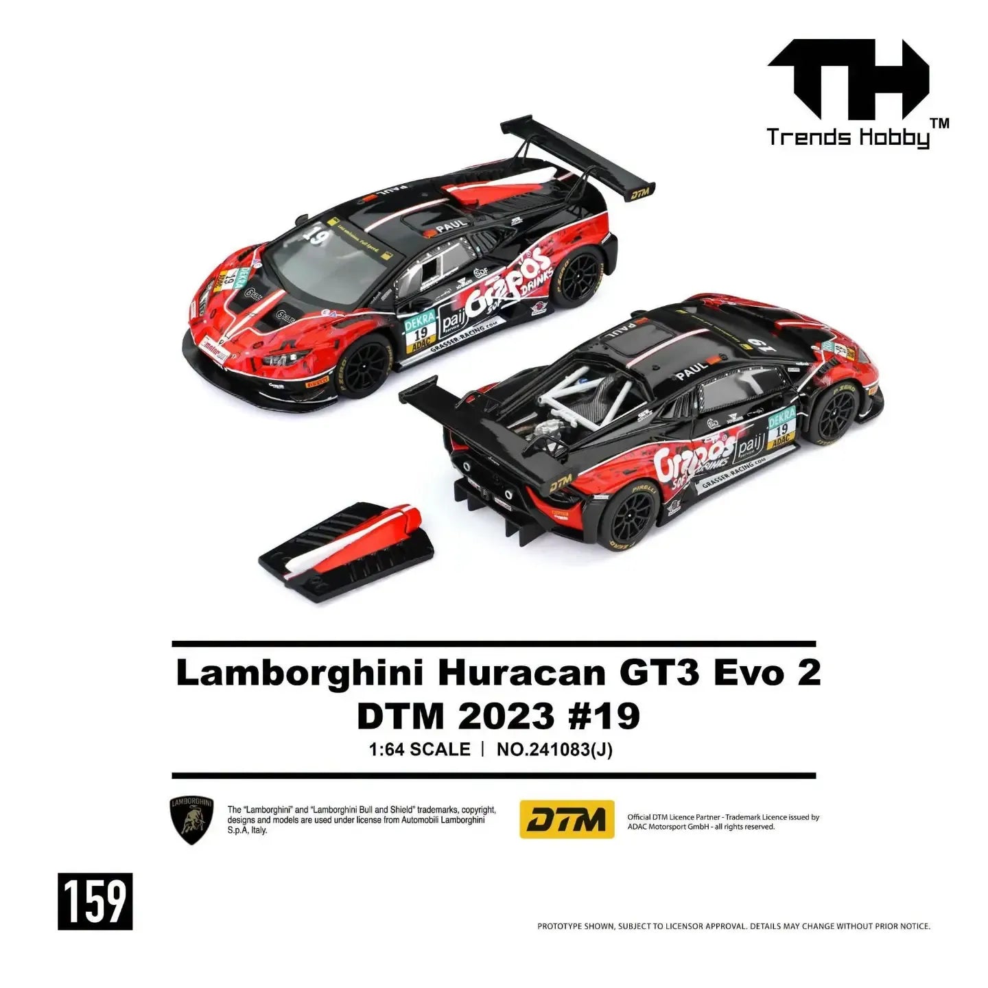 *PRE-ORDER* Lamborghini Huracan GT3 EVO2 Red-Black DTM 2023 #19, 1:64 Scale