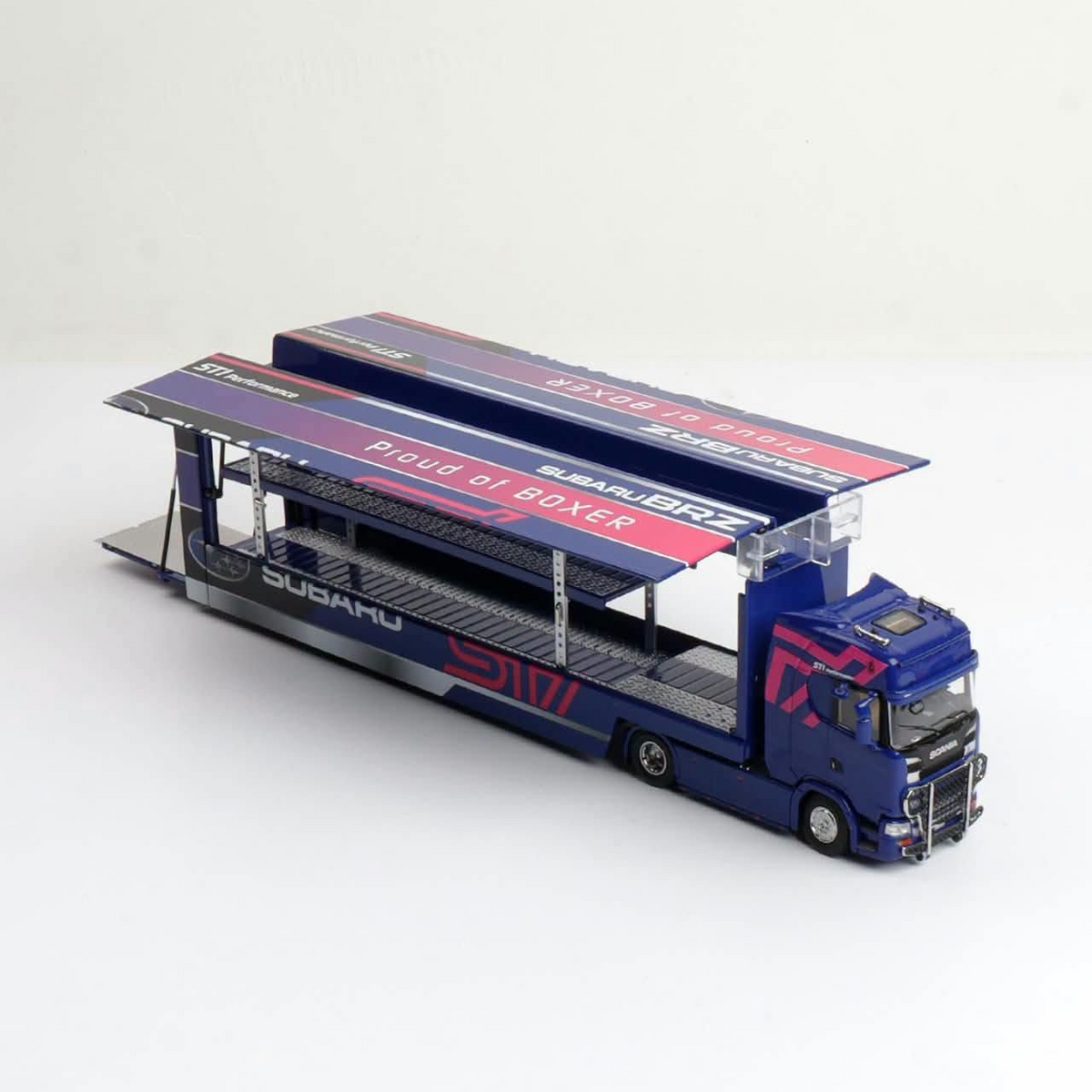 *Pre-Orders* S-Series S730 V8 Enclosed Double Deck Gull Wing Transporter (Blue WRC Service Car Livery), 1:64 Scale