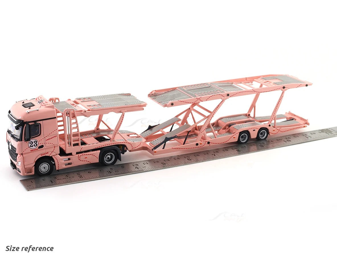 *PRE-ORDER* Mercedes-Benz Actros Double Axle Towing Truck - Pink Pig - Right-Hand Drive (Includes 1:64 Honda Fit Model Car with Matching Livery), 1:64 Scale