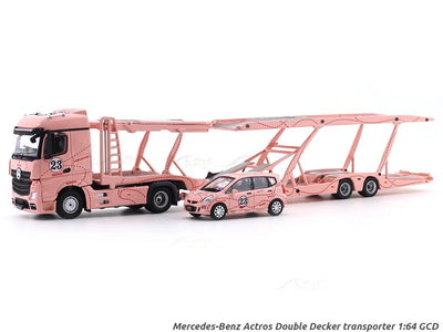 *PRE-ORDER* Mercedes-Benz Actros Double Axle Towing Truck - Pink Pig - Right-Hand Drive (Includes 1:64 Honda Fit Model Car with Matching Livery), 1:64 Scale