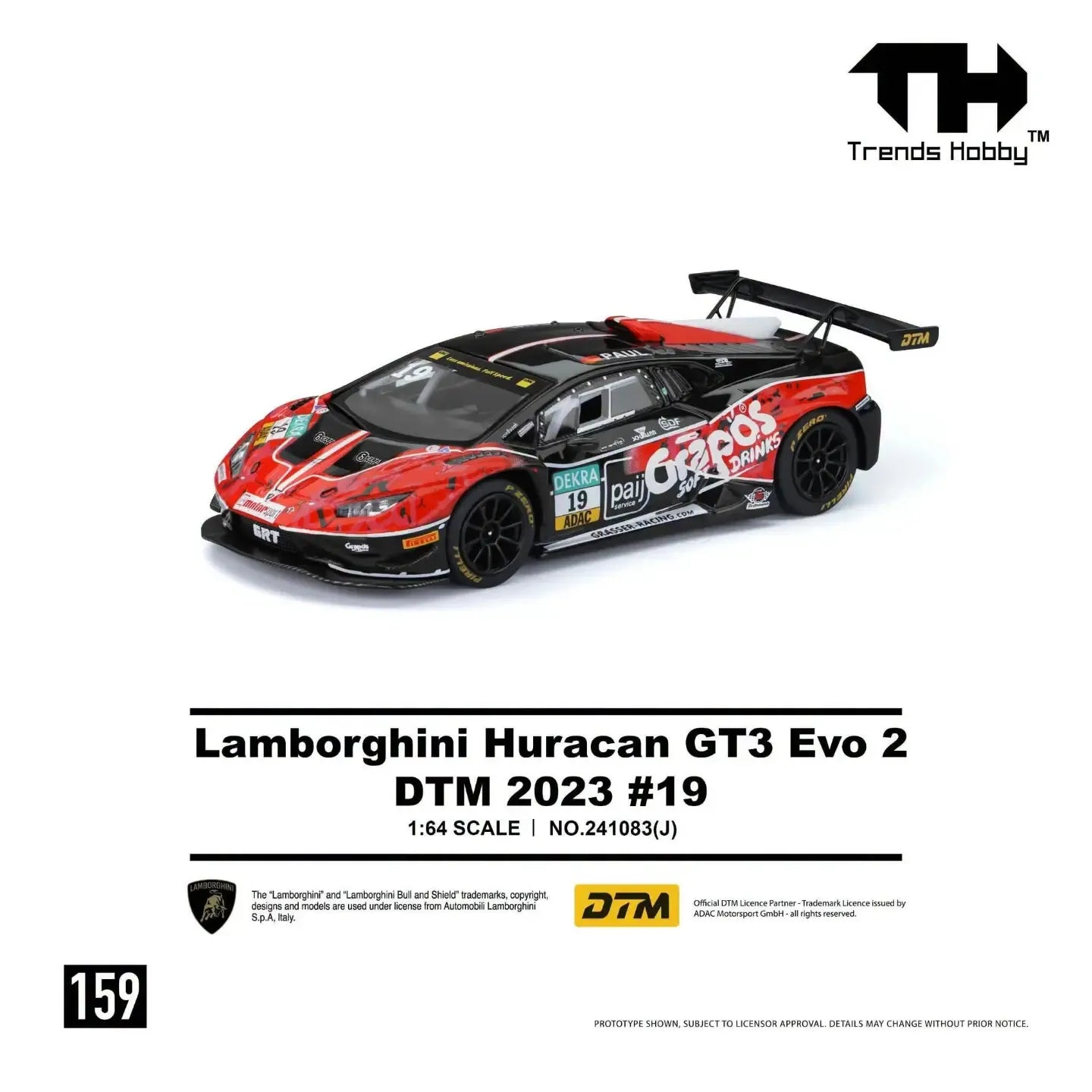 *PRE-ORDER* Lamborghini Huracan GT3 EVO2 Red-Black DTM 2023 #19, 1:64 Scale