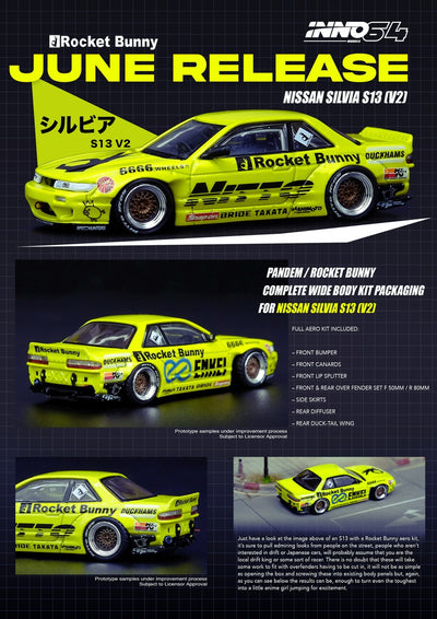 Premium scale diecast model car  – *PRE-ORDER* Nissan Silvia S13 V2 Pandem / Rocket Bunny, 1:64 Scale (Light Yellow) Collectible