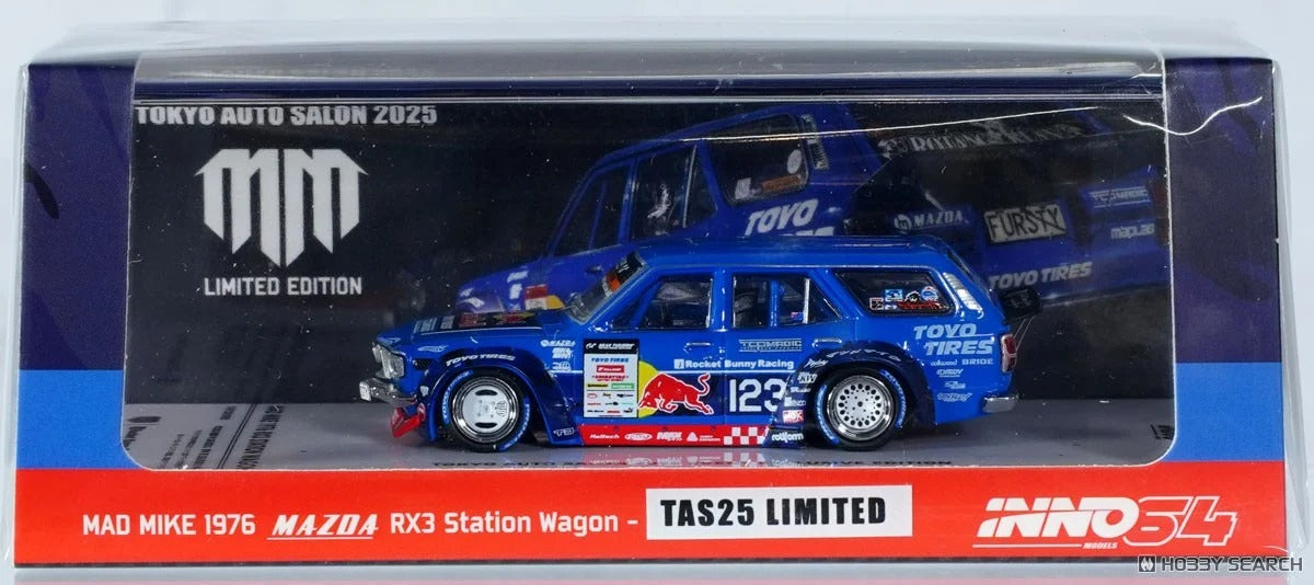 Premium scale diecast model car  – Mad Mike 1976 Mazda Rx3 Station Wagon Tokyo Auto Salon 2024, 1:64 Scale Collectible