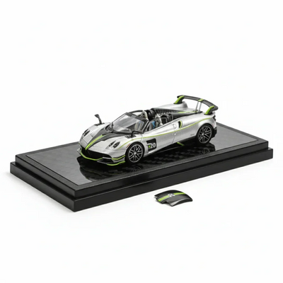 Premium scale diecast model car  – Pagani Huayra Roadster BC Shanghai Toy Fair Special Package 2025, 1:64 Scale (Silver Green) Collectible