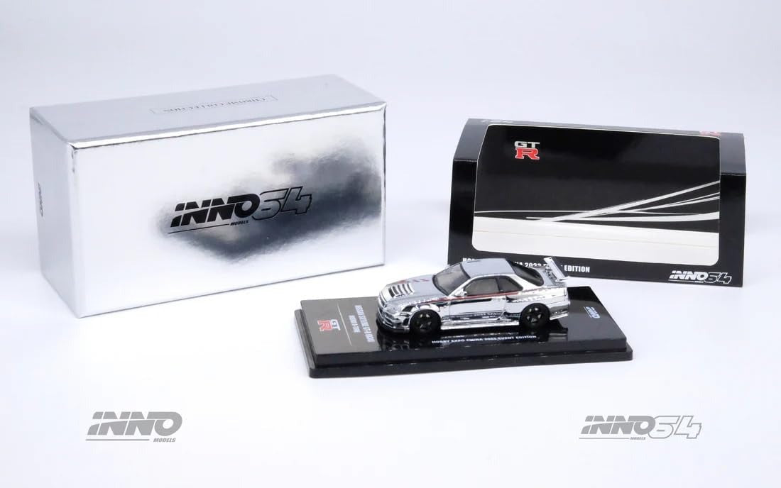 Premium scale diecast model car  – *PRE-ORDER* Nissan Skyline GT-R (R34) Nismo R-Tune Silver Chrome Hobby Expo China 2023 Event Edition,1:64 Scale (Silver) Collectible
