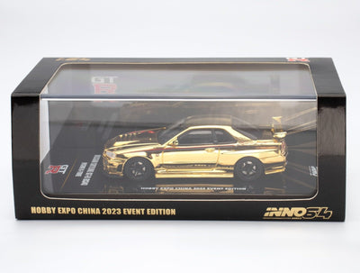 Premium scale diecast model car  – *PRE-ORDER* Nissan Skyline GT-R (R34) Nismo R-Tune Gold Chrome Hobby Expo China 2023 Event Edition,1:64 Scale (Gold) Collectible